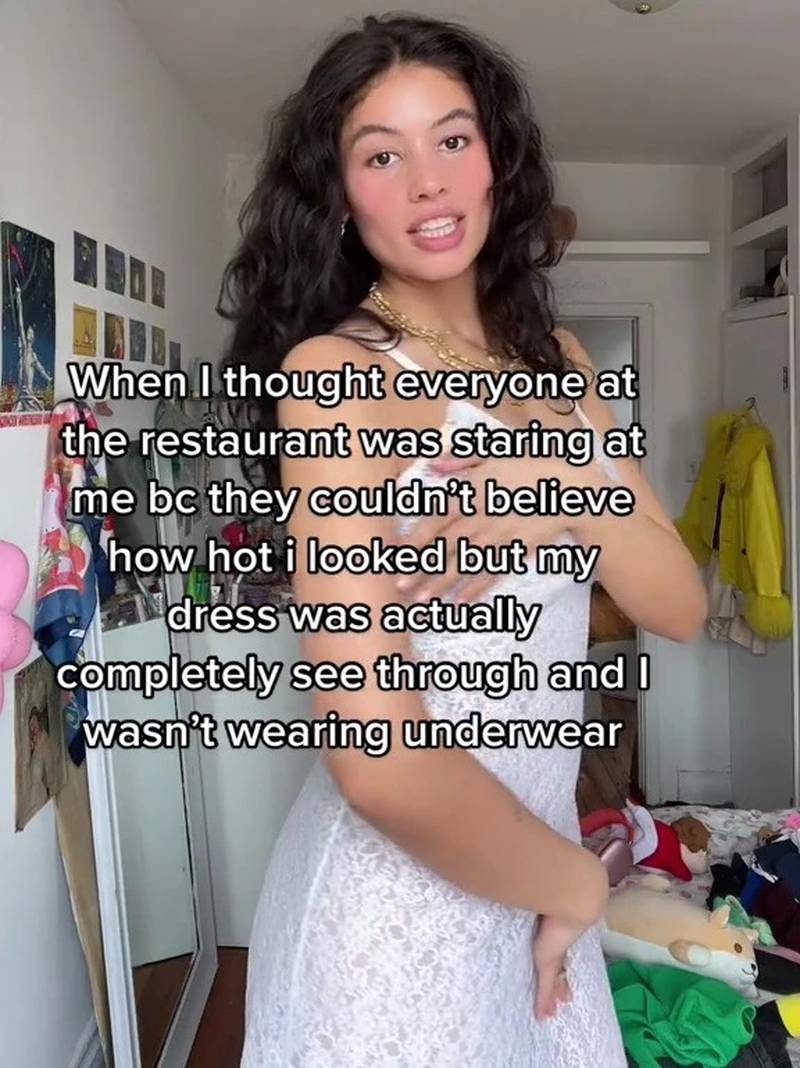 Mulher viraliza no TikTok ao perceber que foi com vestido semi-transparente no restaurante
