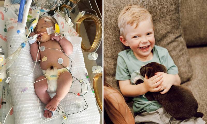 Montagem com duas fotos de Urias Sheriff, bebê que ficou sem respirar por 20 minutos quando nasceu, mas teve recuperação milagrosa