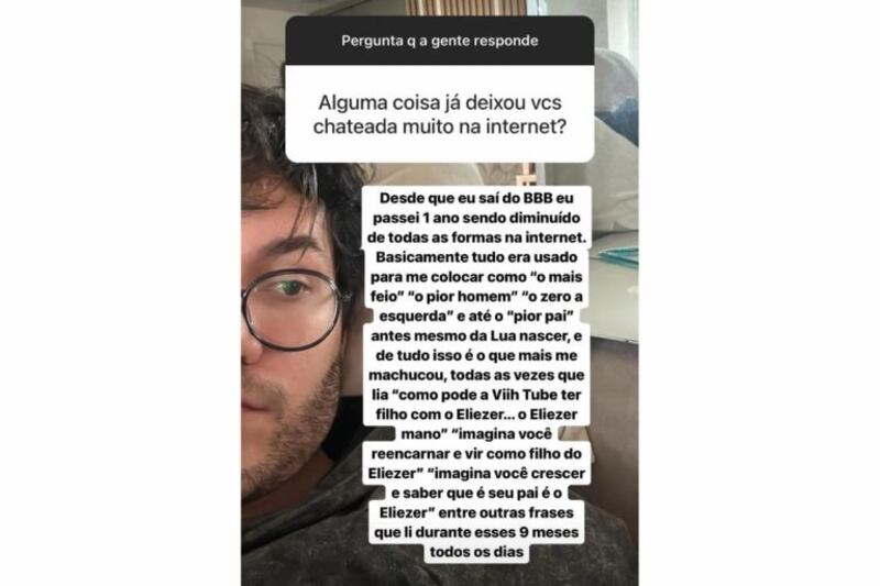 Eliezer faz desabafo sobre comentários maldosos que enfrentou desde que se tornou pai