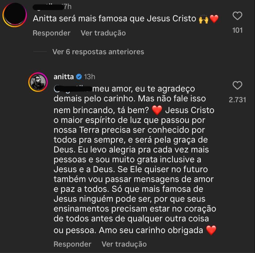 Anitta rebate após fã dizer que ela seria mais famosa que Jesus Cristo