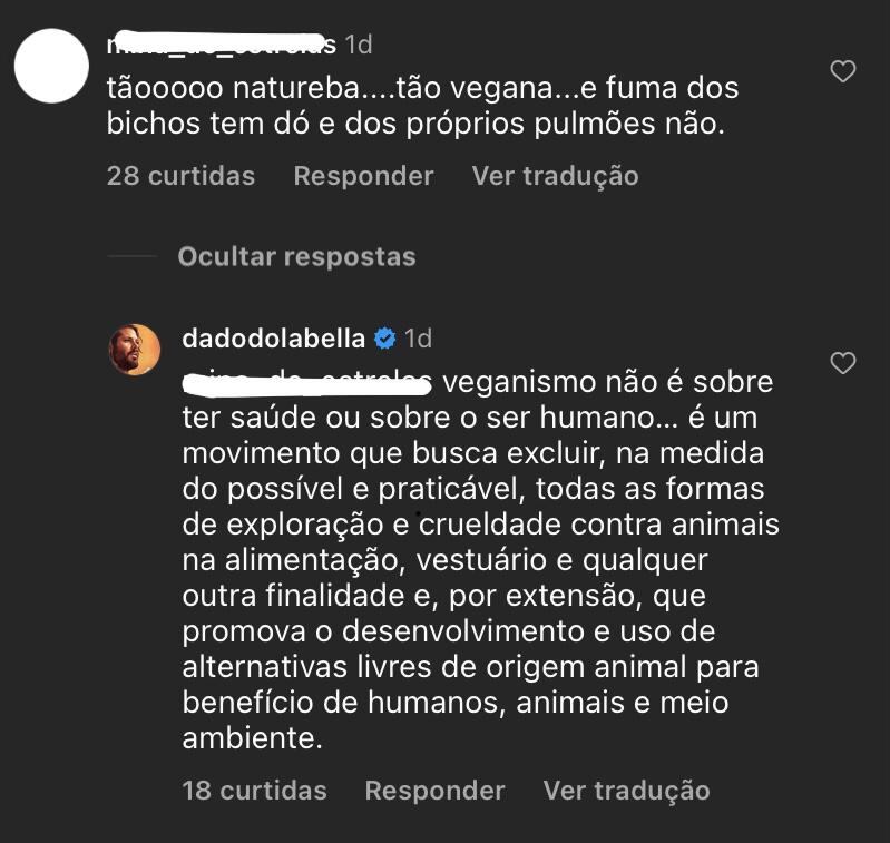 Dado Dolabella responde comentário de internauta